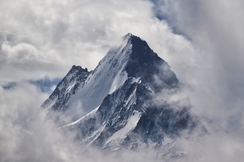 Snow-covered Mountain Peak — White, Dramatic, Photograph, Clouds, Rock