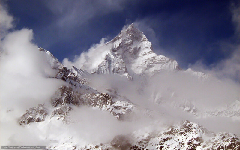 Snow-covered Mountain Peak — White, Dramatic, Photograph, Clouds, Sky, Rock