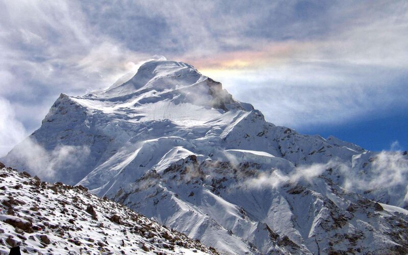 Snow-covered Mountain Peak — White, Dramatic, Photograph, Clouds, Snow, Rock
