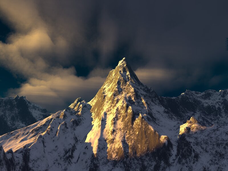 Snow-covered Mountain Peak — White, Dramatic, Sunrise, 3d Render, Mountains, Clouds, Snow, Gray