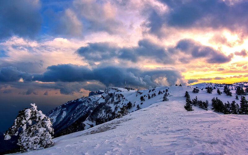 Snow-covered Mountain Peak — White, Dramatic, Sunset, Photograph, Clouds