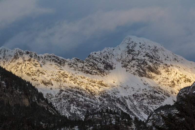 Snow-covered Mountain Peak — White, Dramatic, Sunset, Photograph, Snow, Trees