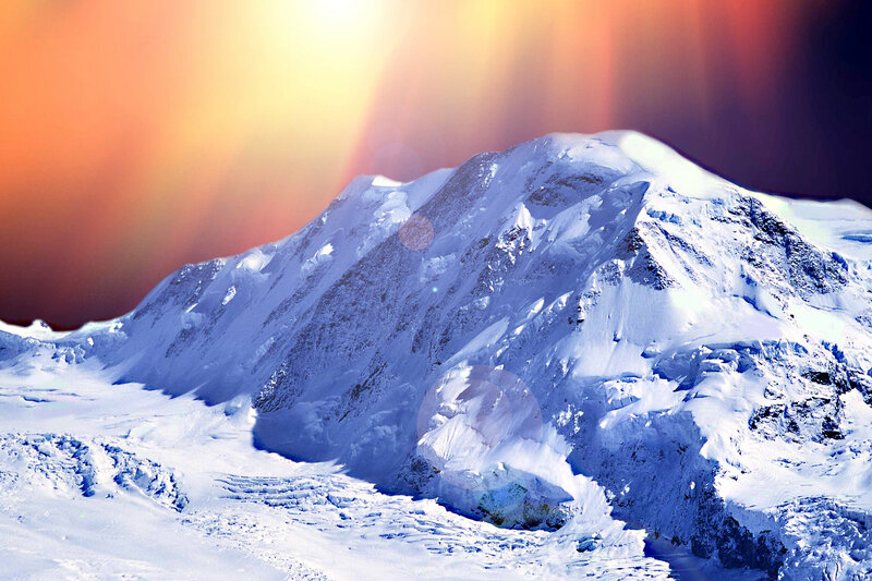 Snow-covered Mountain Peak — White, Dramatic, Sunset, Photograph, Sunlight