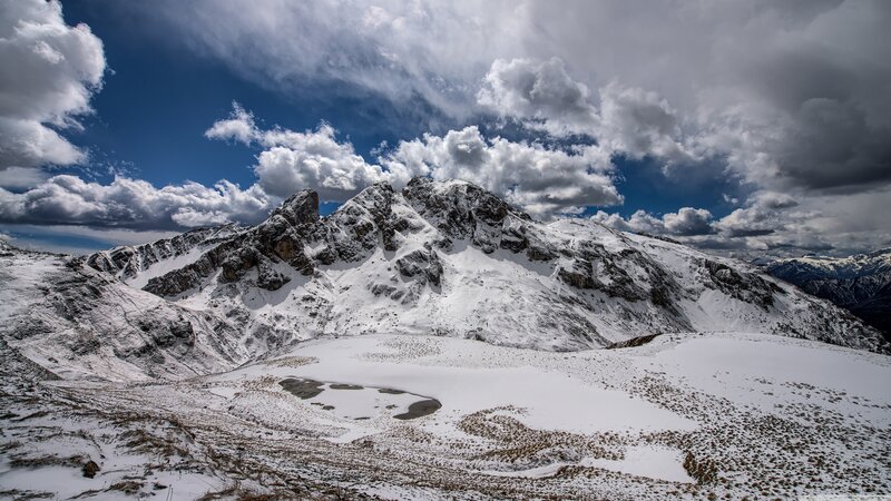Snow-covered Mountain Peak — White, Dramatic, Winter, Photograph, Clouds, Snow
