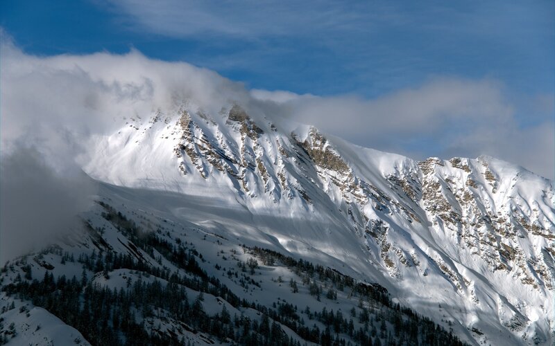 Snow-covered Mountain Peak — White, Dramatic, Winter, Photograph, Clouds