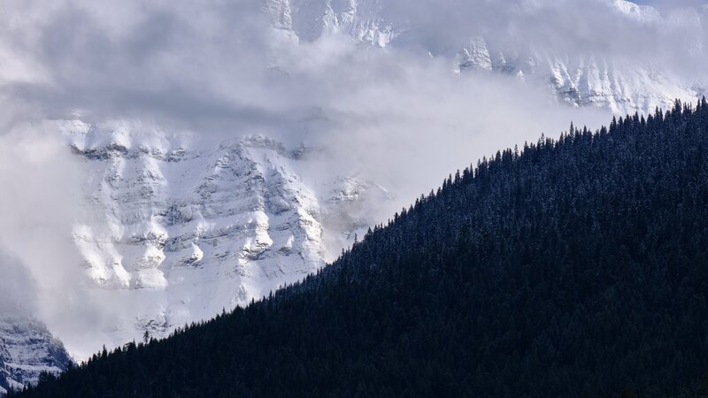 Snow-covered Mountain Peak — White, Dramatic, Winter, Photograph, Forest, Clouds