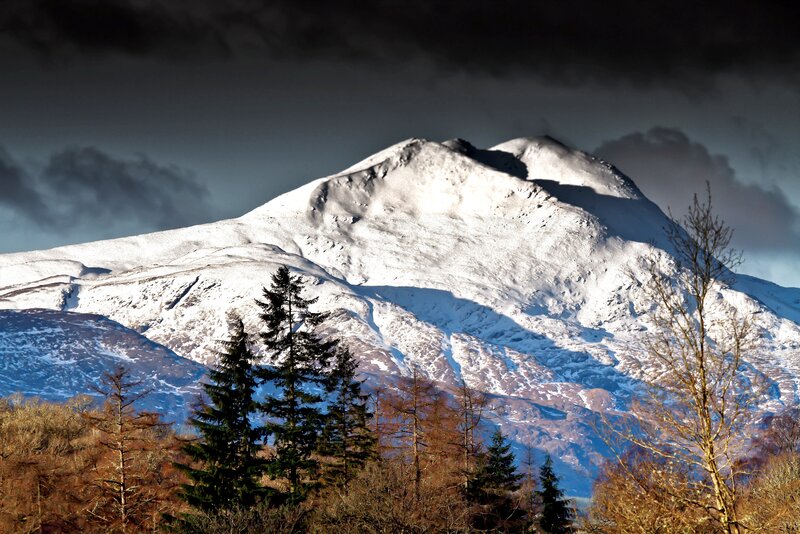 Snow-covered Mountain Peak — White, Dramatic, Winter, Photograph, Trees, Clouds