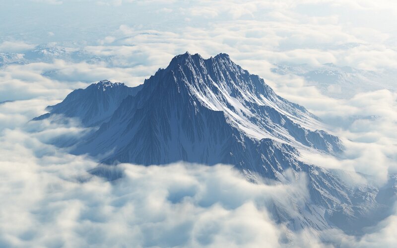 Snow-covered Mountain Peak — White, Serene, 3d Render, Clouds, Blue