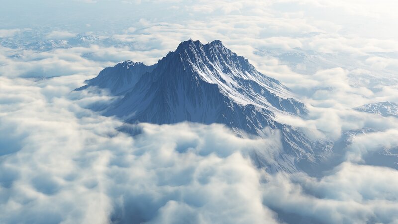 Snow-covered Mountain Peak — White, Serene, 3d Render, Clouds, Mountain Range