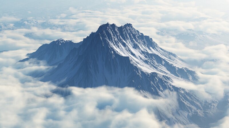 Snow-covered Mountain Peak — White, Serene, 3d Render, Clouds