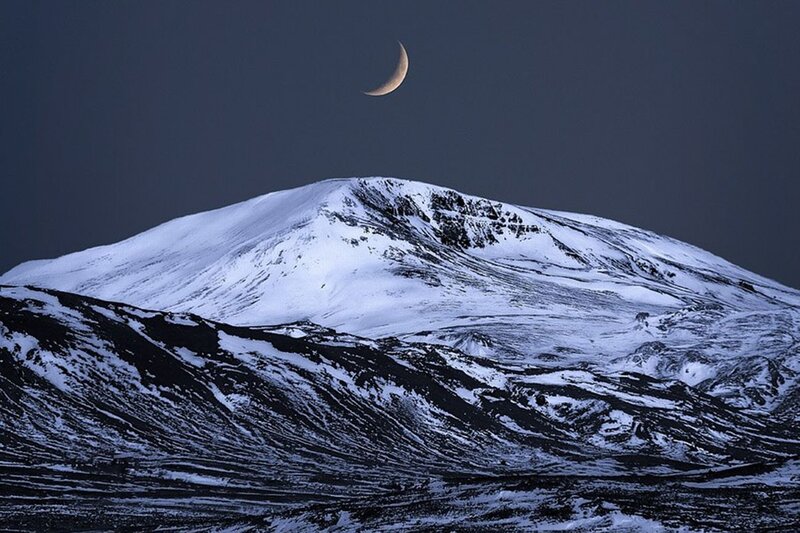 Snow-covered Mountain Peak — White, Serene, Night