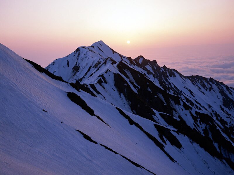 Snow-covered Mountain Peak — White, Serene, Sunrise, Photograph, Sun