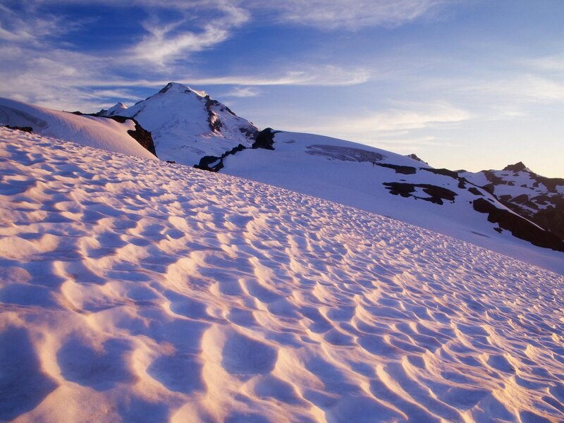 Snow-covered Mountain Peak — White, Serene, Sunrise