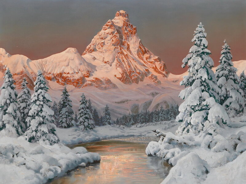 Snow-covered Mountain Peak — White, Serene, Sunset