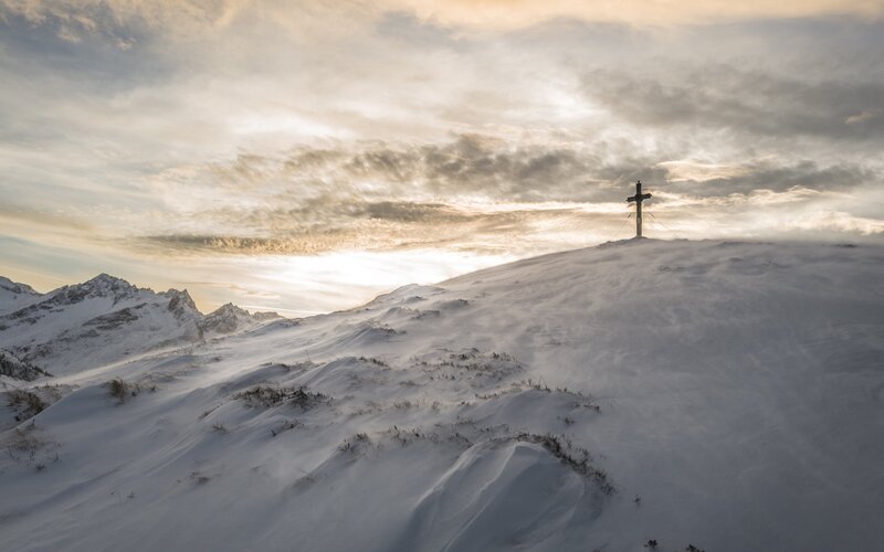 Snow-covered Mountain Peak — White, Serene, Winter, Photograph, Cross, Clouds