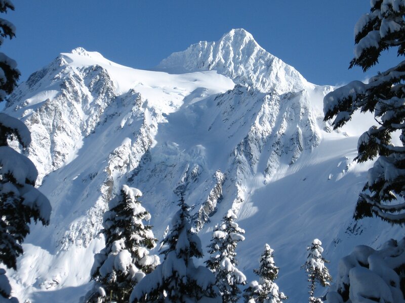 Snow-covered Mountain Peak — White, Serene, Winter, Photograph, Evergreen Trees, Snow, Sky