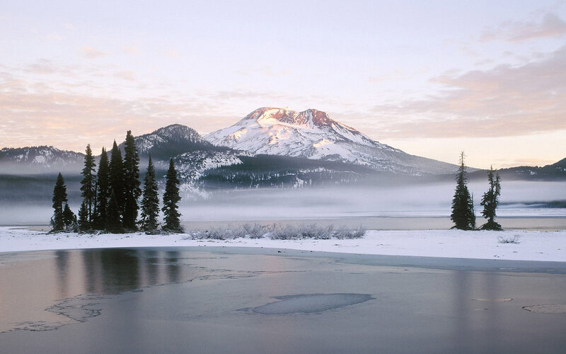 Snow-covered Mountain Peak — White, Serene, Winter, Photograph, Lake, Trees