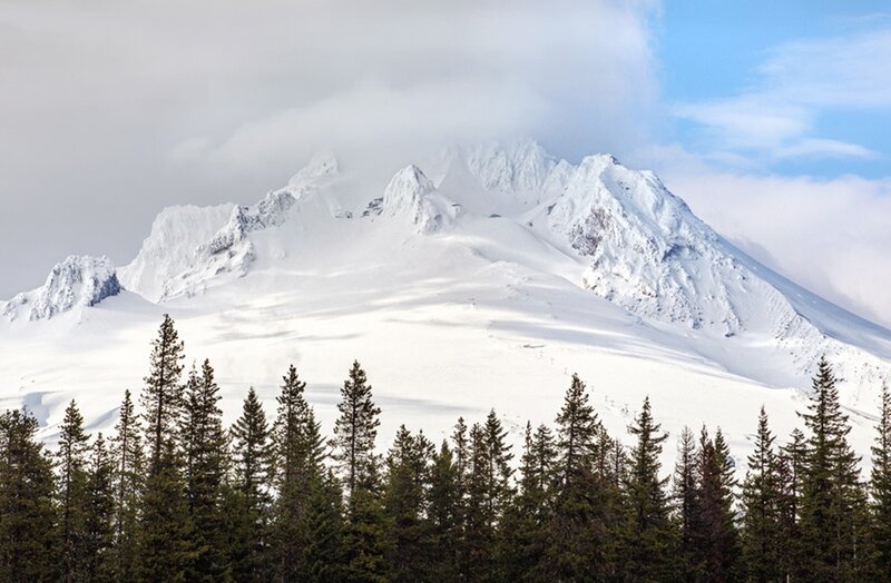 Snow-covered Mountain Peak — White, Serene, Winter, Photograph, Trees, Clouds, Forest