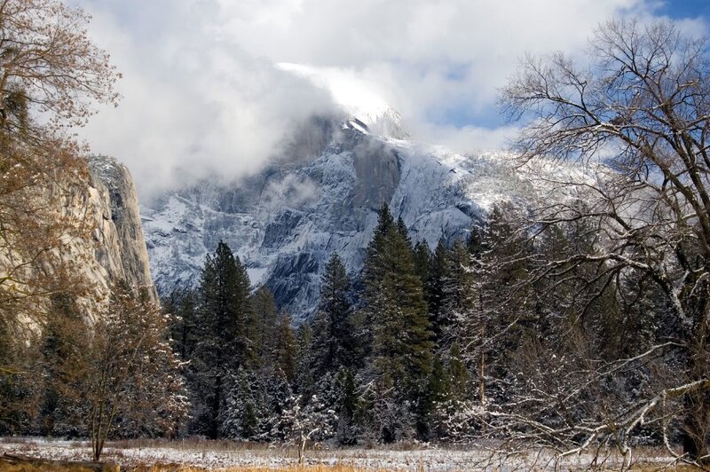Snow-covered Mountain Peak — White, Serene, Winter, Photograph, Trees, Clouds, Snow