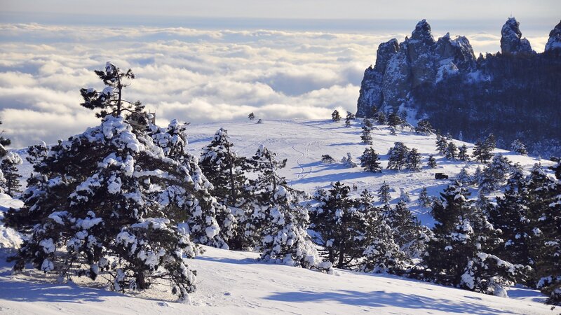 Snow-covered Mountain Peak — White, Serene, Winter, Photograph, Trees, Clouds