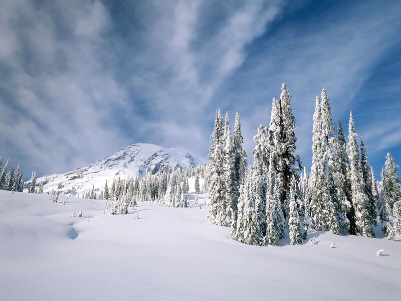 Snow-covered Mountain Peak — White, Serene, Winter, Photograph, Trees, Snow, Sky