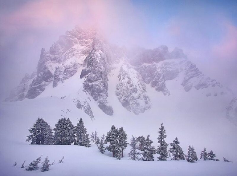 Snow-covered Mountain Peak — White, Serene, Winter, Photograph, Trees