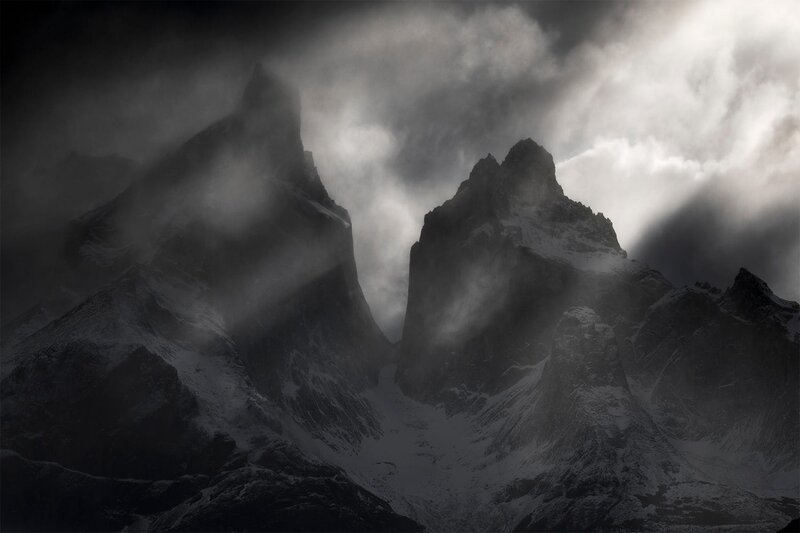 Snow-covered Mountain Peaks — Black, Dramatic, Photograph, Clouds, Mountains