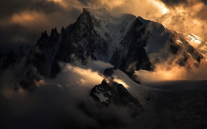 Snow-covered Mountain Peaks — Black, Dramatic, Sunset