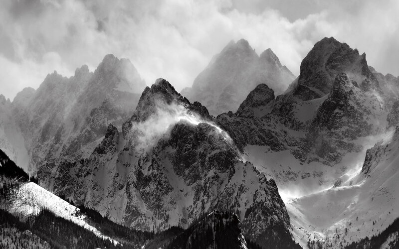 Snow-covered Mountain Peaks — Black, Dramatic