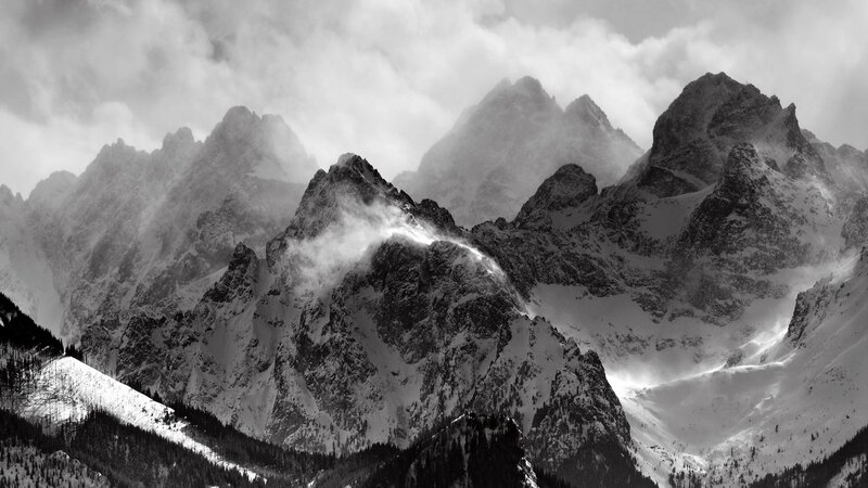 Snow-covered Mountain Peaks — Black, Dramatic, Winter, Photograph, Clouds
