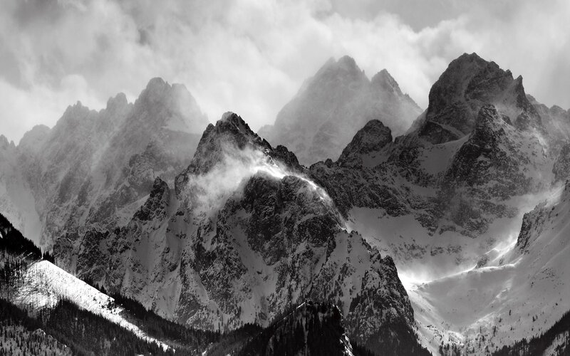 Snow-covered Mountain Peaks — Black, Dramatic, Winter