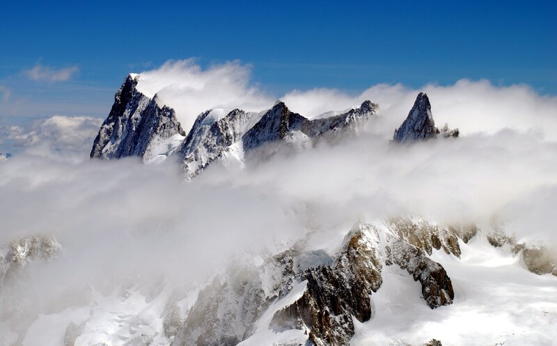 Snow-covered Mountain Peaks — Blue, Dramatic, Afternoon, Photograph, Clouds, Sky, Rock