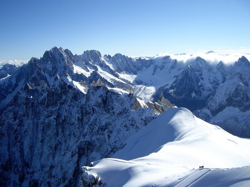 Snow-covered Mountain Peaks — Blue, Dramatic, Afternoon, Photograph, Mountains, Snow, Clouds, Hikers