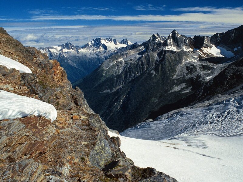 Snow-covered Mountain Peaks — Blue, Dramatic, Afternoon, Photograph, Mountains, Snow, Valley