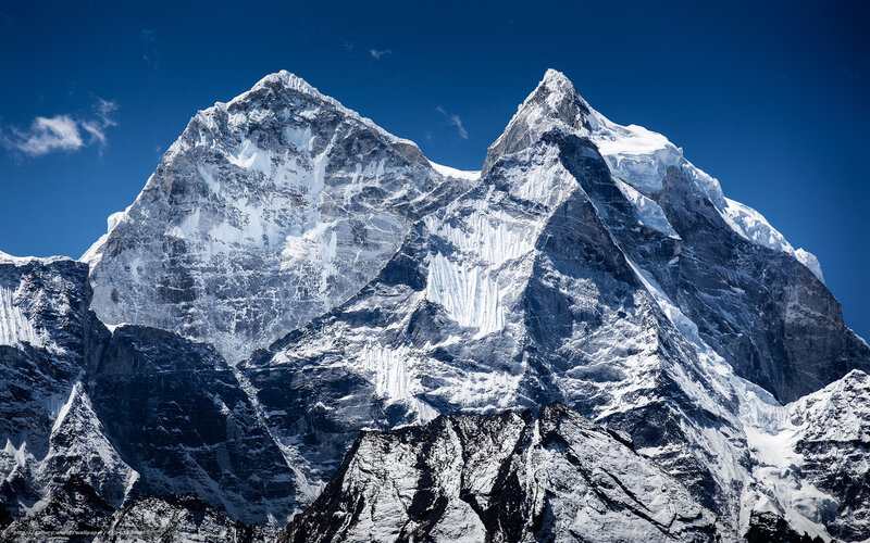 Snow-covered Mountain Peaks — Blue, Dramatic, Afternoon, Photograph, Sky, Clouds