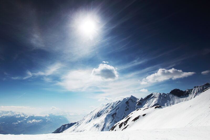 Snow-covered Mountain Peaks — Blue, Dramatic, Afternoon, Photograph, Sun