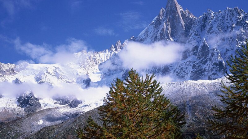 Snow-covered Mountain Peaks — Blue, Dramatic, Afternoon, Photograph, Trees