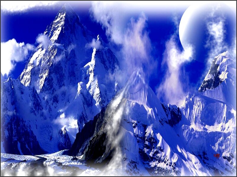 Snow-covered Mountain Peaks — Blue, Dramatic, Night, Digital Art