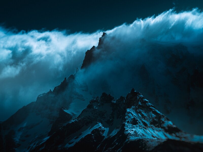 Snow-covered Mountain Peaks — Blue, Dramatic, Night, Photograph, Clouds