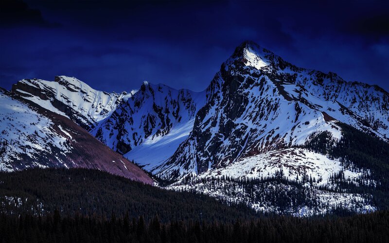 Snow-covered Mountain Peaks — Blue, Dramatic, Night, Photograph, Forest