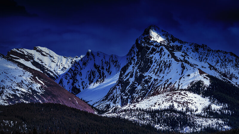 Snow-covered Mountain Peaks — Blue, Dramatic, Night, Photograph, Mountains