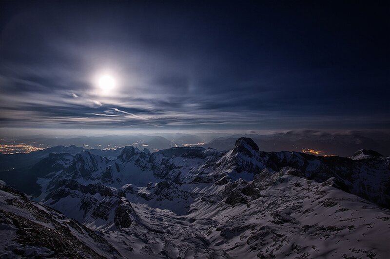 Snow-covered Mountain Peaks — Blue, Dramatic, Night