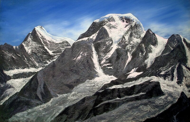 Snow-covered Mountain Peaks — Blue, Dramatic, Painting