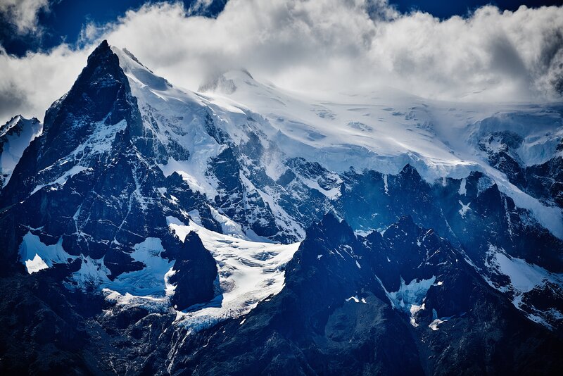 Snow-covered Mountain Peaks — Blue, Dramatic, Photograph, Clouds, Glaciers