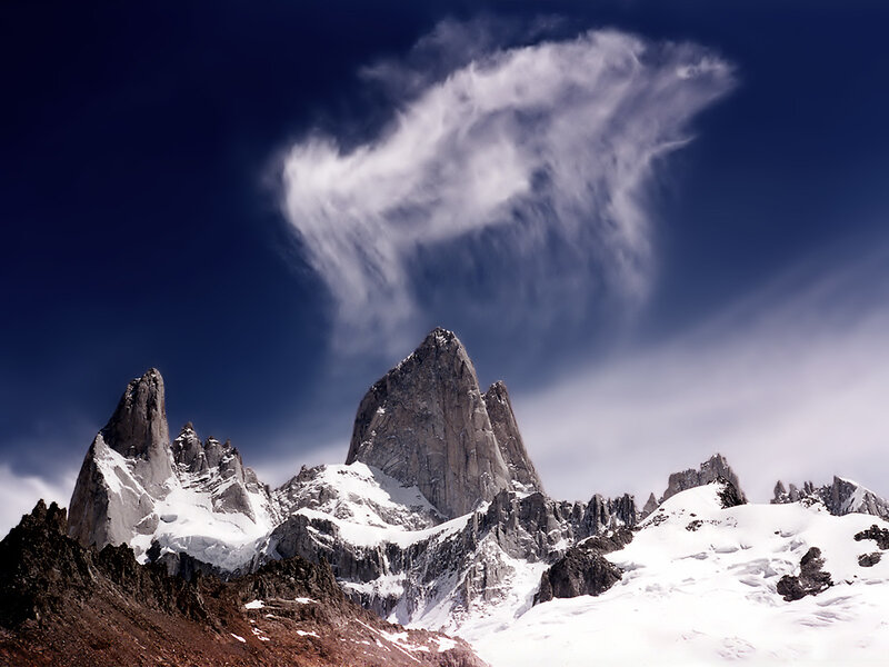 Snow-covered Mountain Peaks — Blue, Dramatic, Photograph, Clouds, Rock, Snow