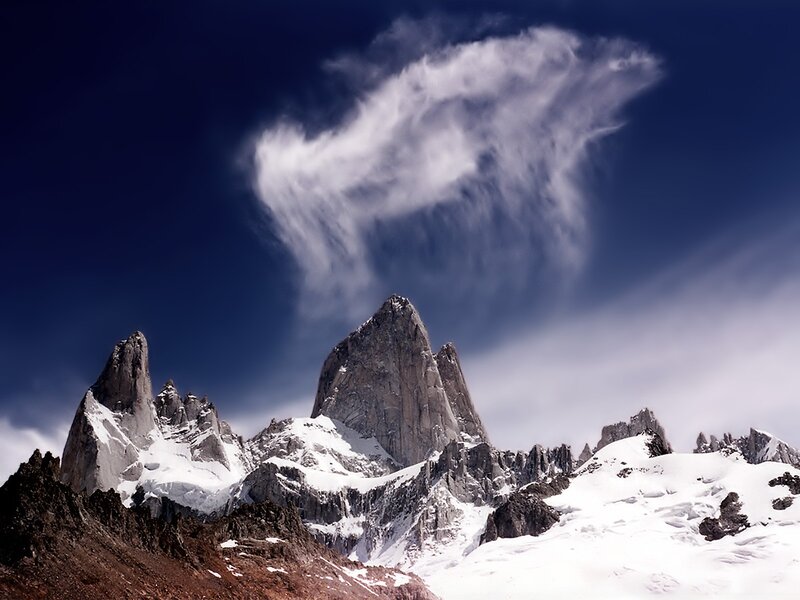Snow-covered Mountain Peaks — Blue, Dramatic, Photograph, Clouds, Rock, Snow, White, Gray