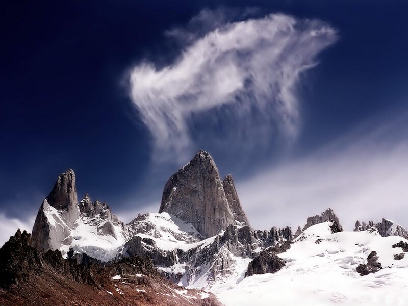 Snow-covered Mountain Peaks — Blue, Dramatic, Photograph, Clouds, Rock, Snow, White