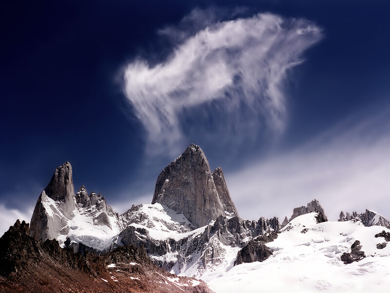 Snow-covered Mountain Peaks — Blue, Dramatic, Photograph, Clouds, Rock