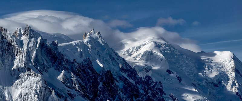 Snow-covered Mountain Peaks — Blue, Dramatic, Photograph, Clouds, Sky, Glaciers