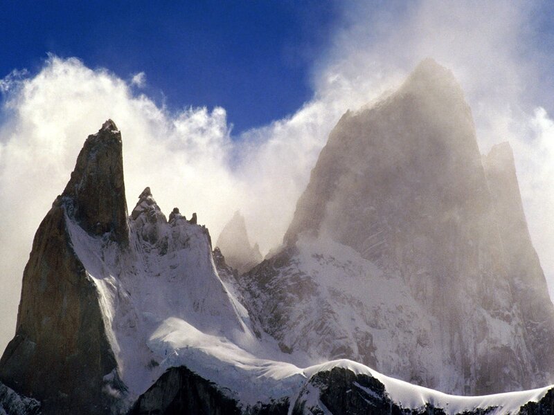 Snow-covered Mountain Peaks — Blue, Dramatic, Photograph, Clouds, Sky, Rock